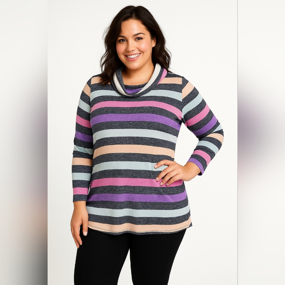 Lane Bryant Striped Cowl Neck Long Sleeve Top Size 10/12 | Plus Size Casual Chic
